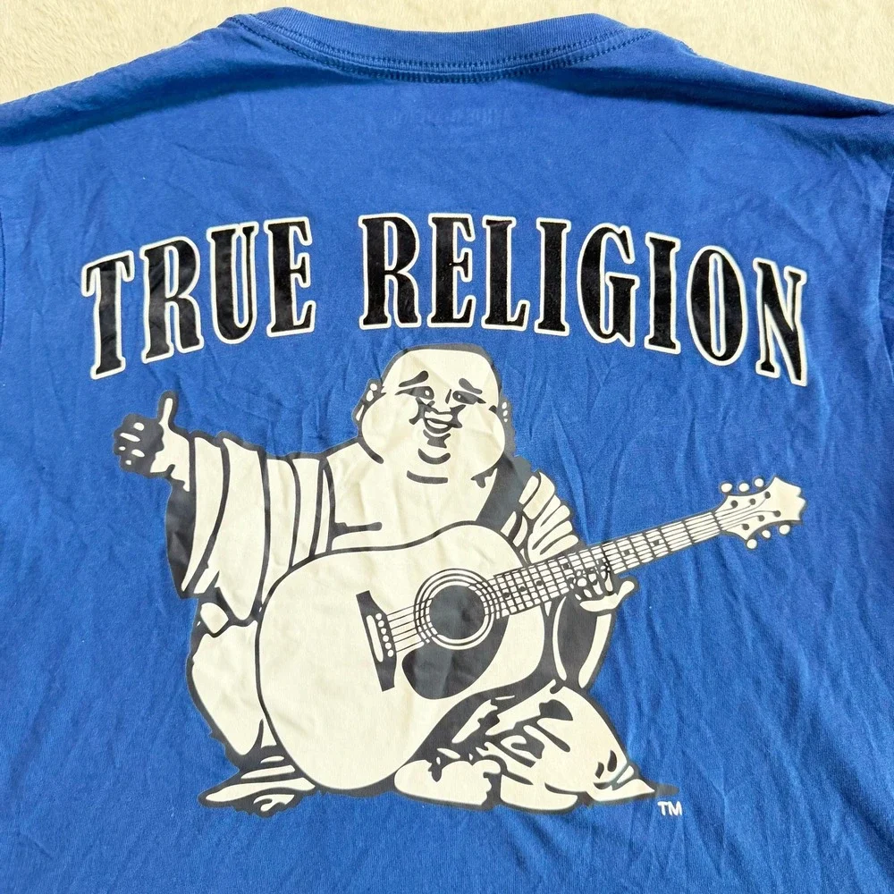 True Religion‎ T-Shirt Mens Small Blue Excellent Buddha Guitar Graphic Tee